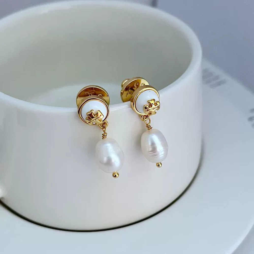 Tory Burch Round 3D Resin Letter Freshwater Pearl Drop Earrings